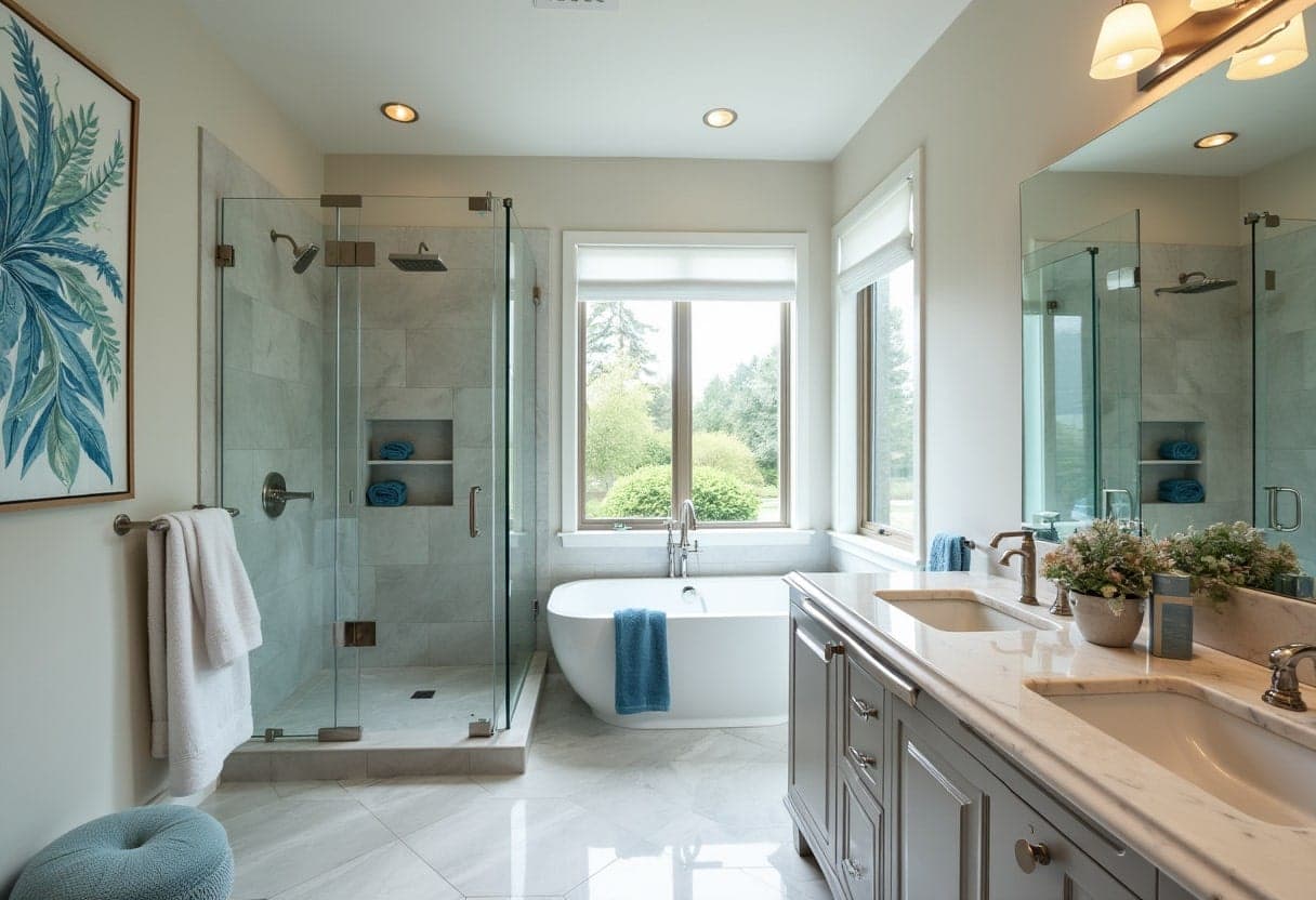 Bright bathroom design with large windows, soaking tub and marble countertops