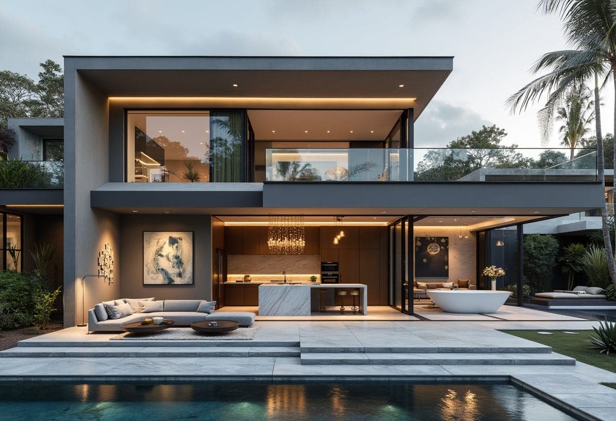 Modern luxury house with open kitchen and swimming pool at dusk