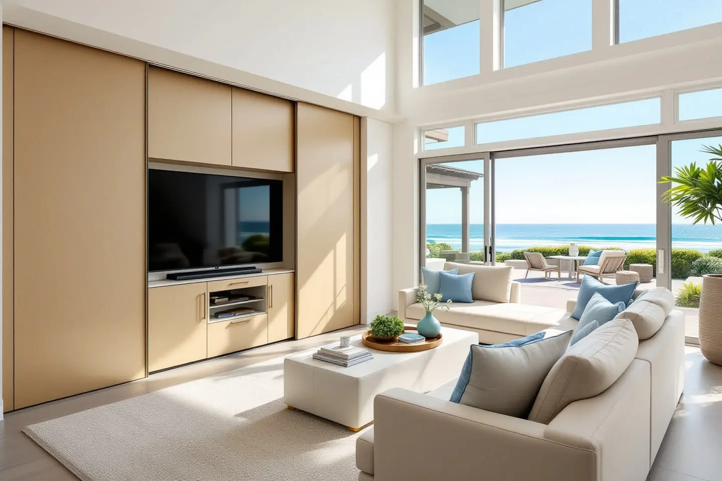 Encinitas living room remodel with built-in TV wall and ocean view