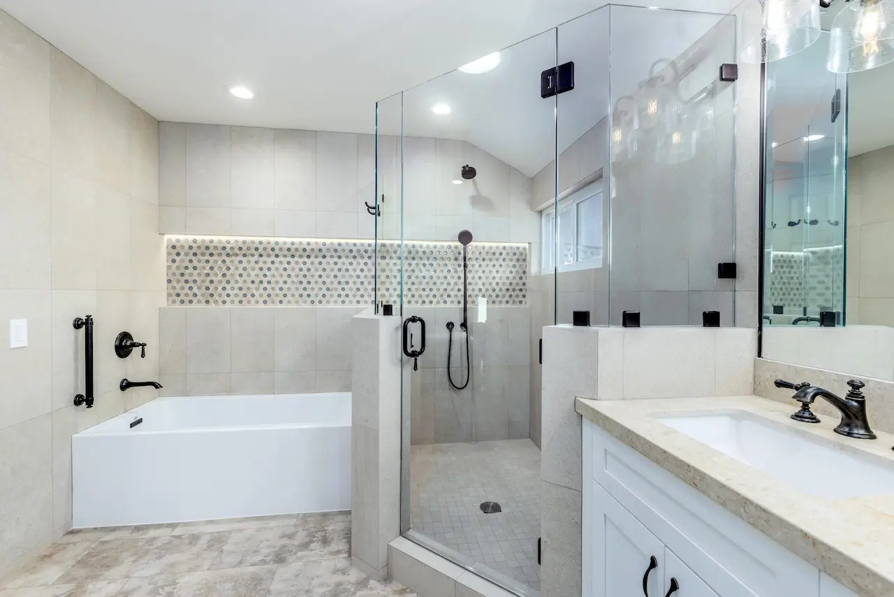 Rancho Peñasquitos master bath remodel with glass shower, built-in tub and neutral tile